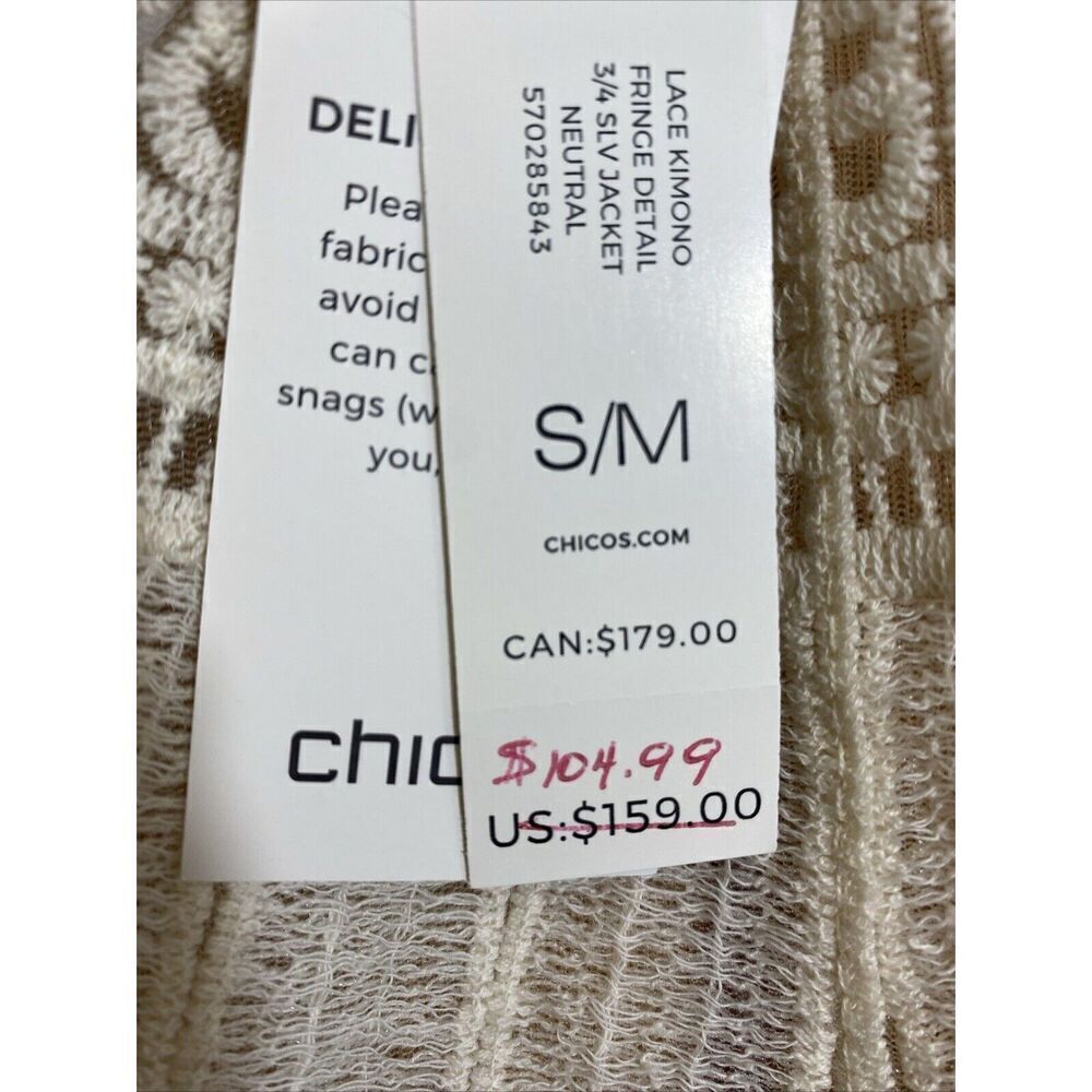 Chico's Lace Embroidered Fringe-Detail Kimono Sheer Duster Cream Size S/M NWT - Picture 8 of 9